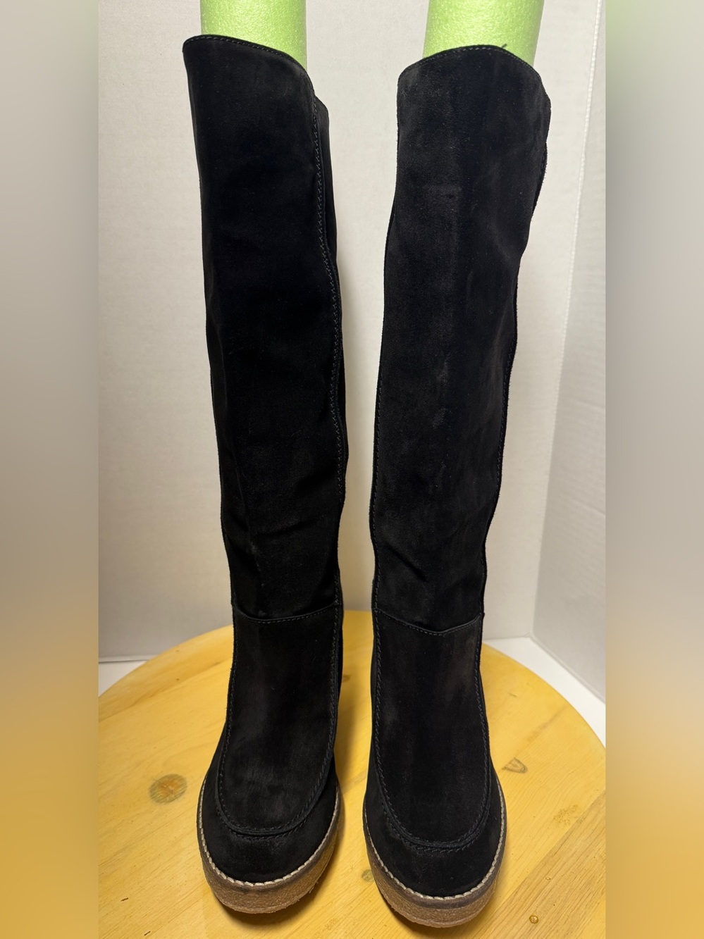Aquatalia 1987 Vintage Italian Black Suede Crepe Wedge Knee High Boots Size 9.5